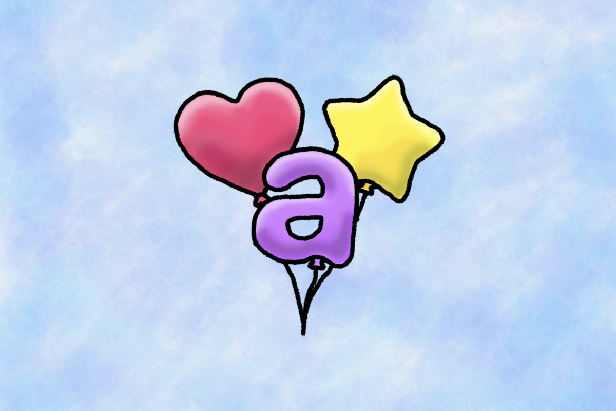 Three hand-drawn balloons against a blue sky: a red heart, a yellow star and a purple letter a