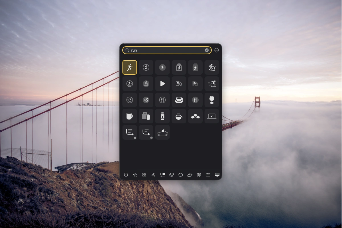 The SF Balloons panel floating above the desktop, showing the symbols that match a search for “run”
